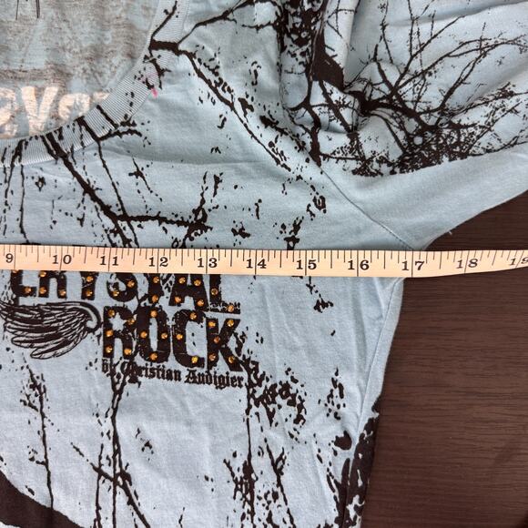 Christian Audigier Crystal Rock Top Womens Medium Crane Blossom Y2K Tunic Shirt - Picture 12 of 14